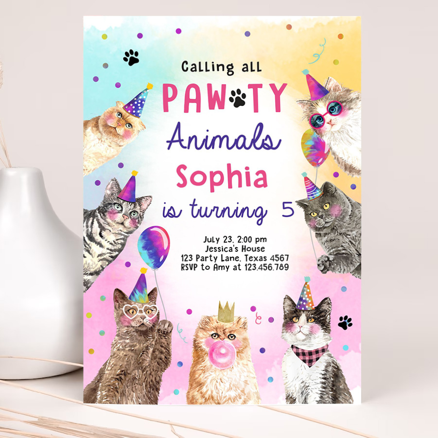 editable cat birthday party invitation kitten birthday invite calling all pawty animals party animals download printable template 2