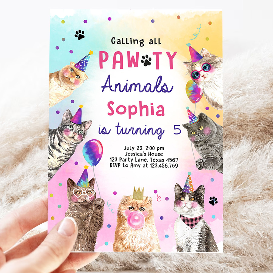 editable cat birthday party invitation kitten birthday invite calling all pawty animals party animals download printable template 3