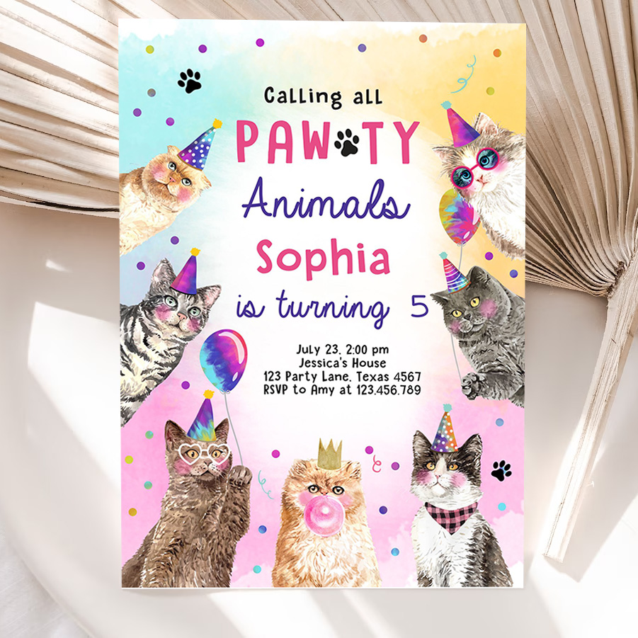 editable cat birthday party invitation kitten birthday invite calling all pawty animals party animals download printable template 5