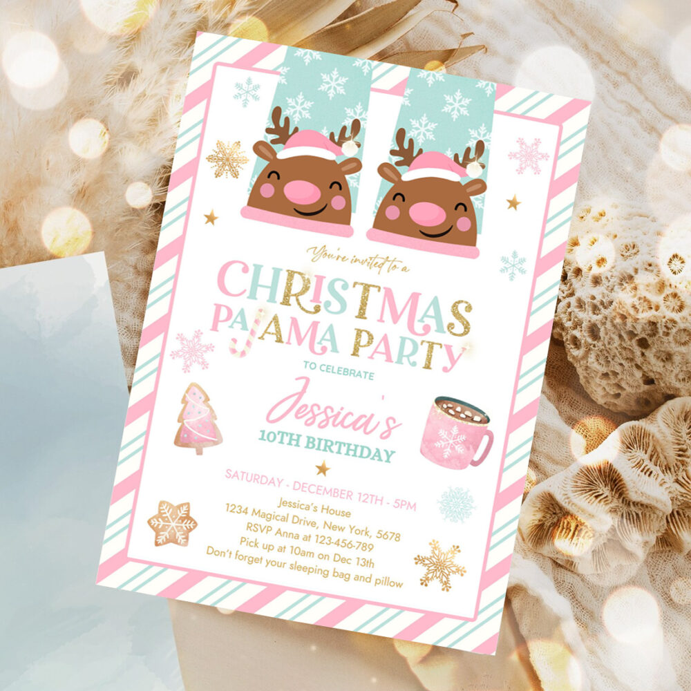 editable christmas pajama birthday party invitation girly pink gold slumber party invitation holiday pajama party 1
