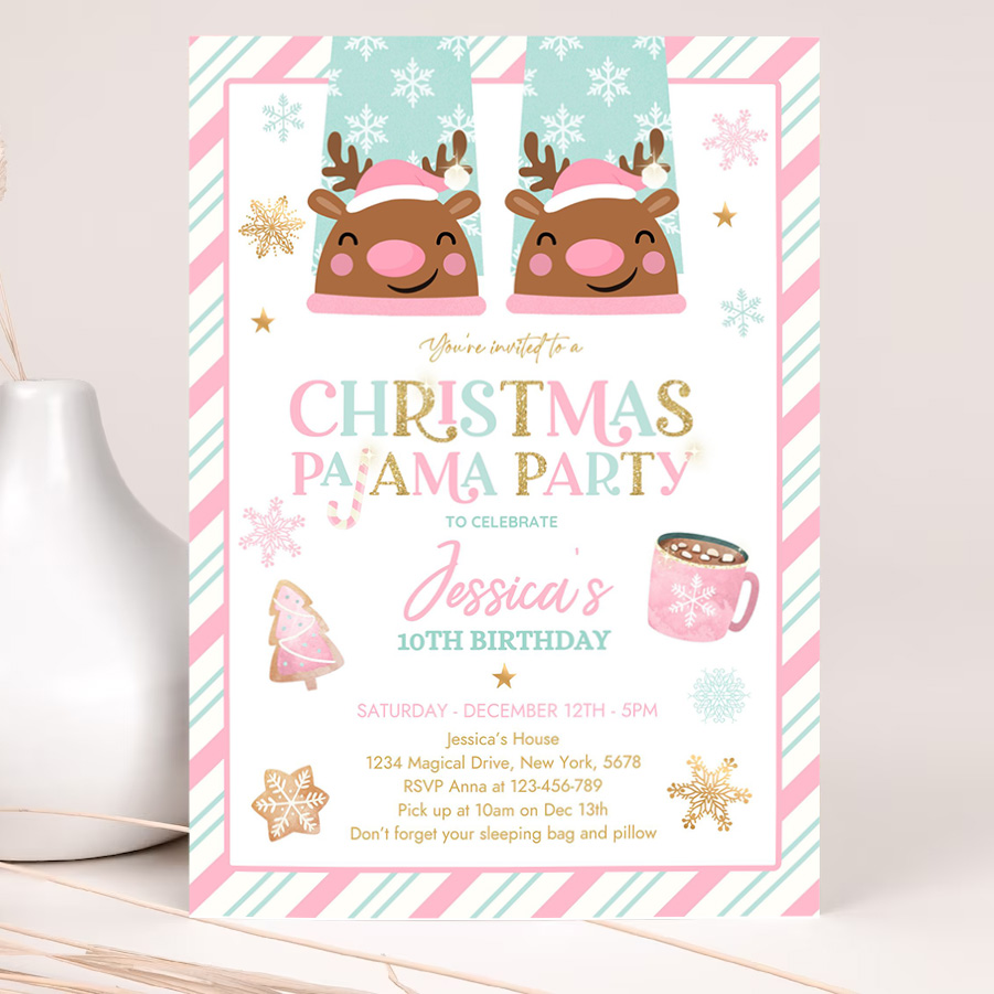 editable christmas pajama birthday party invitation girly pink gold slumber party invitation holiday pajama party 2