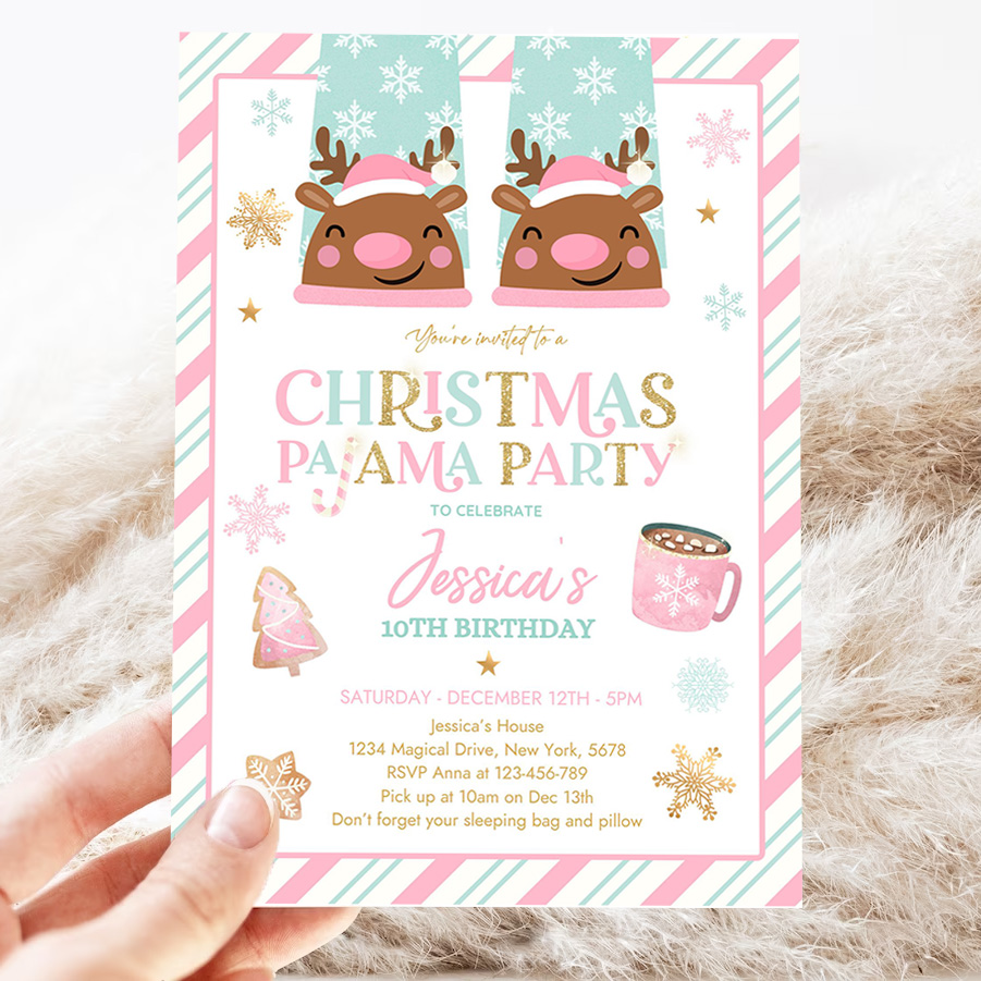 editable christmas pajama birthday party invitation girly pink gold slumber party invitation holiday pajama party 3