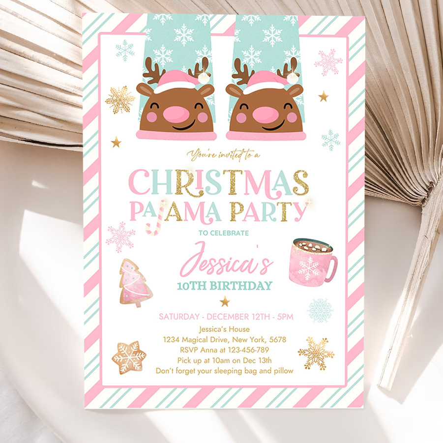 editable christmas pajama birthday party invitation girly pink gold slumber party invitation holiday pajama party 5