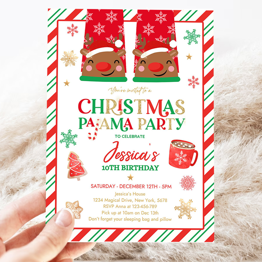 editable christmas pajama birthday party invitation red and gold christmas slumber party invitation holiday pajama party 3