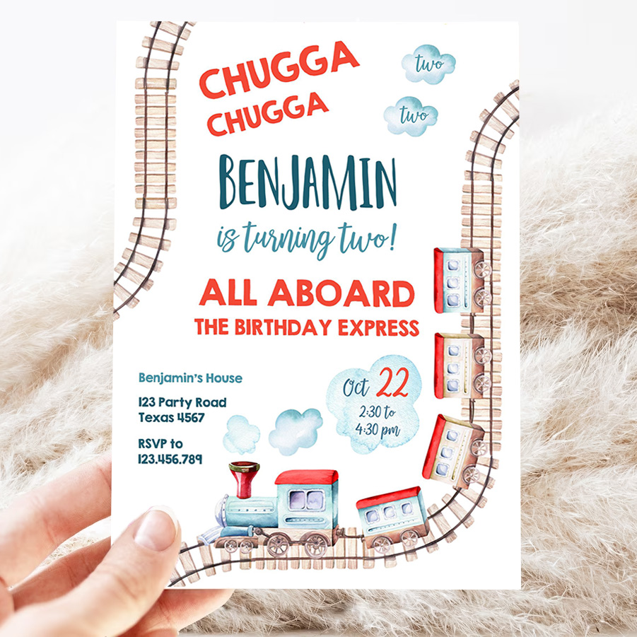 editable chugga chugga two two train birthday invitation vintage choo choo train party train watercolor template 3