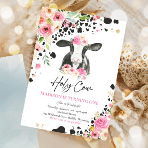 editable cow birthday party invitation holy cow im one birthday party pink floral farm cow 1st birthday party 1