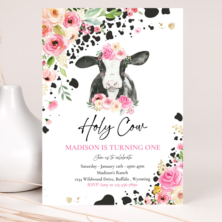 editable cow birthday party invitation holy cow im one birthday party pink floral farm cow 1st birthday party 2