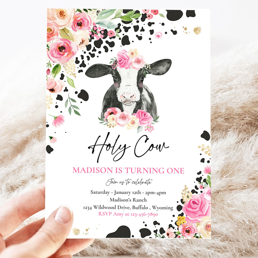 editable cow birthday party invitation holy cow im one birthday party pink floral farm cow 1st birthday party 3