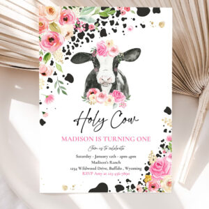 editable cow birthday party invitation holy cow im one birthday party pink floral farm cow 1st birthday party 5