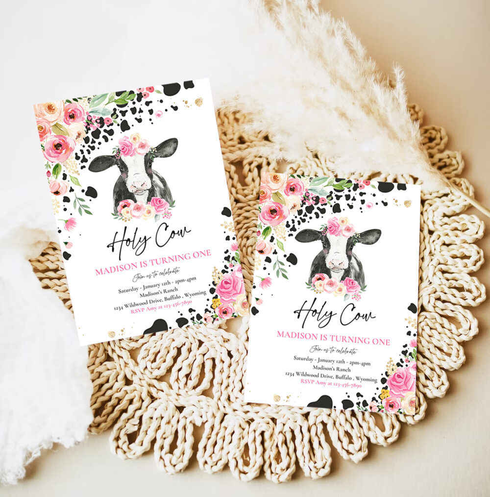 editable cow birthday party invitation holy cow im one birthday party pink floral farm cow 1st birthday party 7