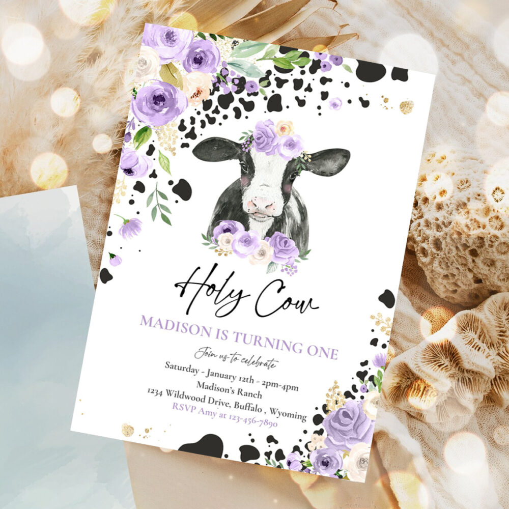 editable cow birthday party invitation holy cow im one birthday party purple lilac floral farm cow 1st birthday party 1