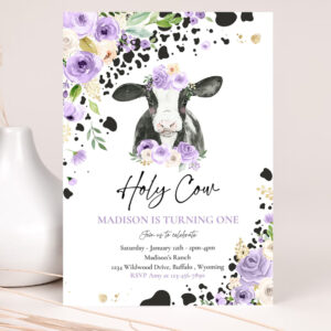 editable cow birthday party invitation holy cow im one birthday party purple lilac floral farm cow 1st birthday party 2
