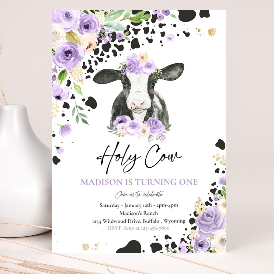editable cow birthday party invitation holy cow im one birthday party purple lilac floral farm cow 1st birthday party 2