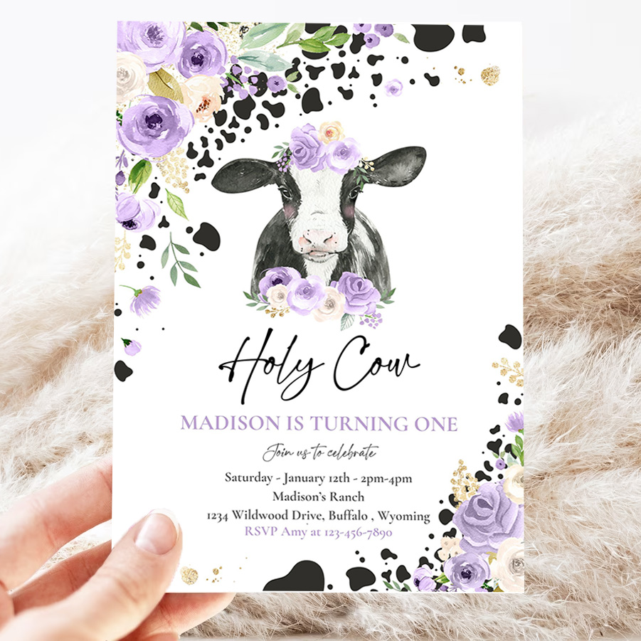 editable cow birthday party invitation holy cow im one birthday party purple lilac floral farm cow 1st birthday party 3