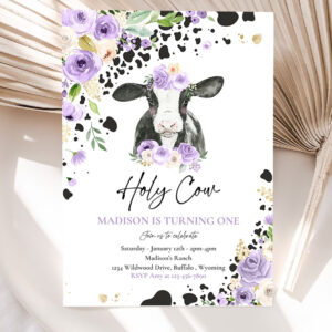 editable cow birthday party invitation holy cow im one birthday party purple lilac floral farm cow 1st birthday party 5