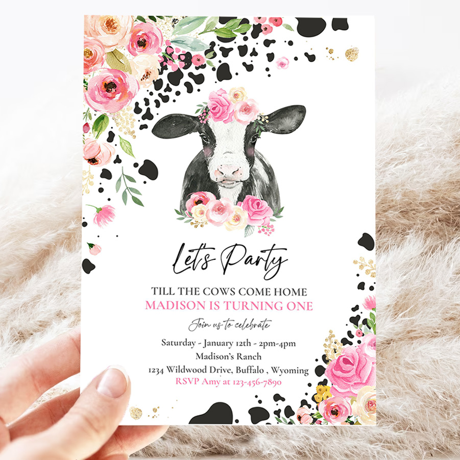 editable cow birthday party invitation lets party till the cow come home birthday party floral farm cow birthday party 3