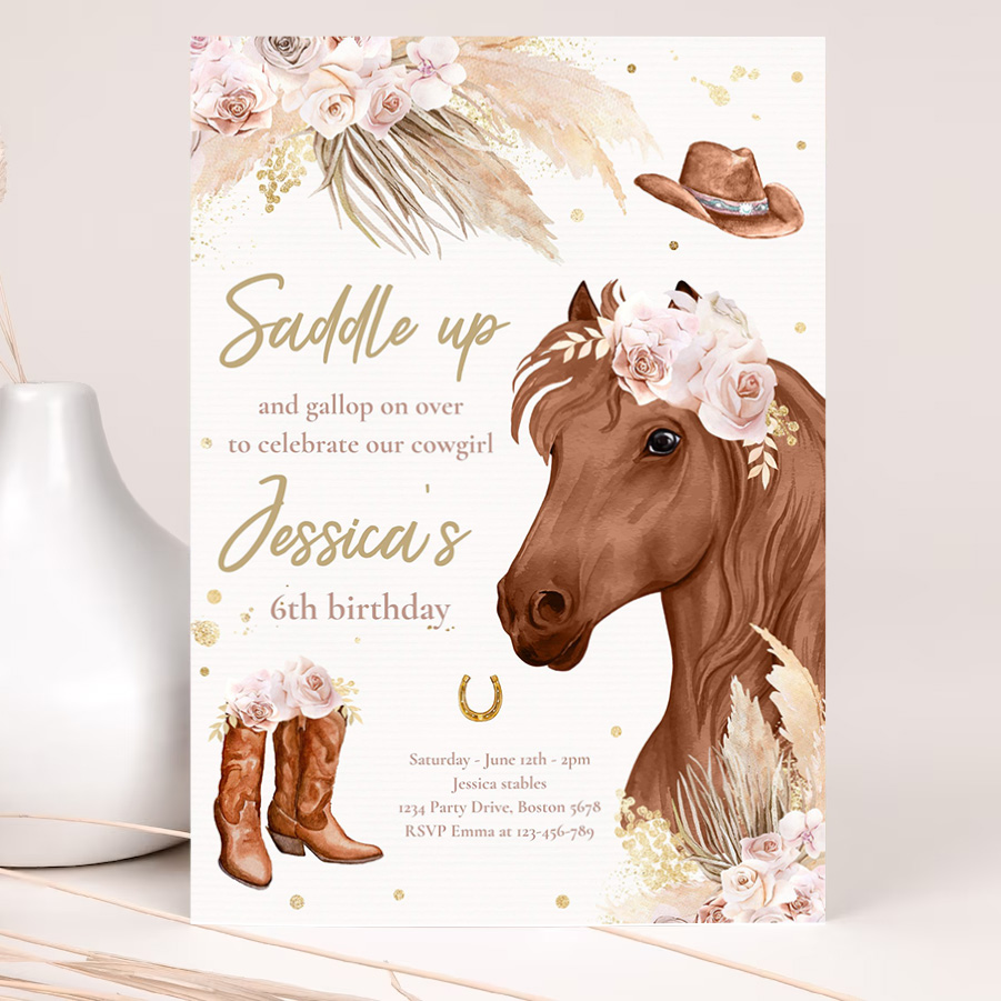 editable cowgirl birthday invitation boho horse birthday party invite muted pink tone pampas grass cowgirl horse party 2