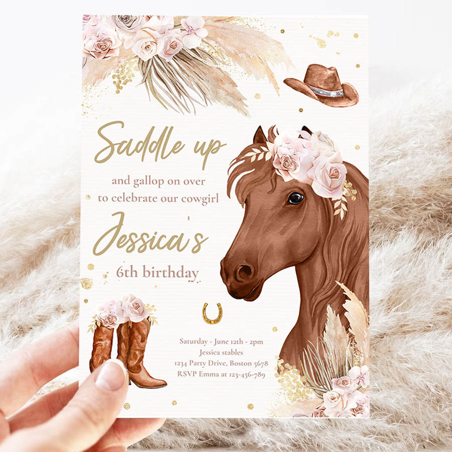editable cowgirl birthday invitation boho horse birthday party invite muted pink tone pampas grass cowgirl horse party 3