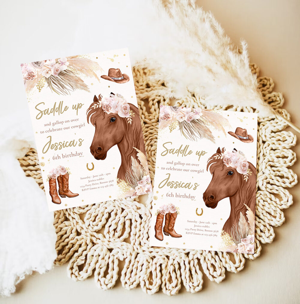 editable cowgirl birthday invitation boho horse birthday party invite muted pink tone pampas grass cowgirl horse party 7