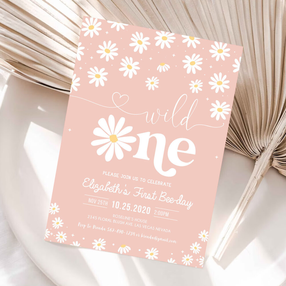 Editable Daisy Birthday Party Invitation Boho Daisy Wild One St Birthday Bohemian Floral Groovy