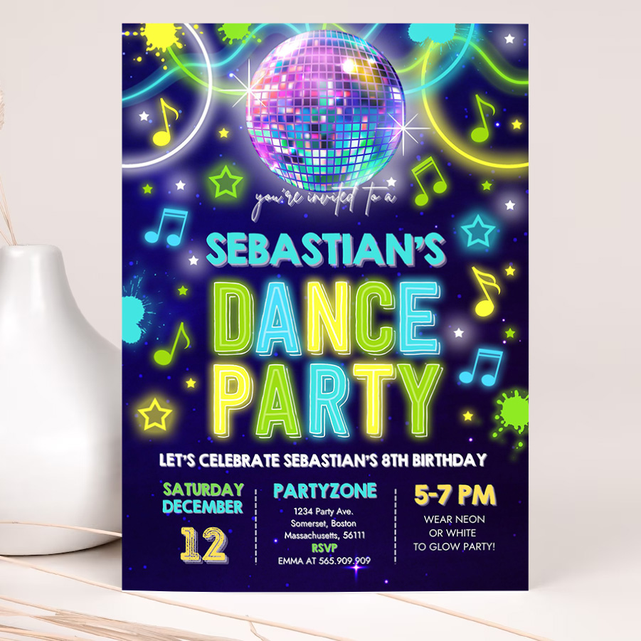 editable dance party invitation glow dance party birthday invitation neon glow disco party glow dance disco party 2