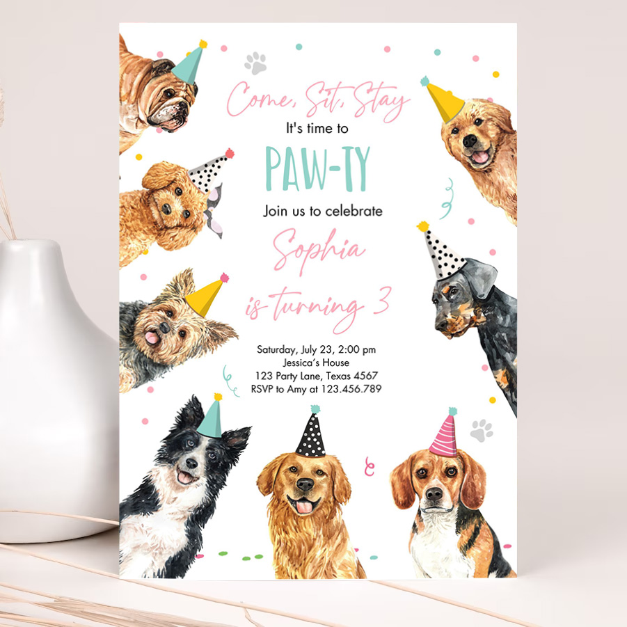 editable dog birthday party invitation puppy birthday invite pink girl doggy shelter animal pet party invitation 2