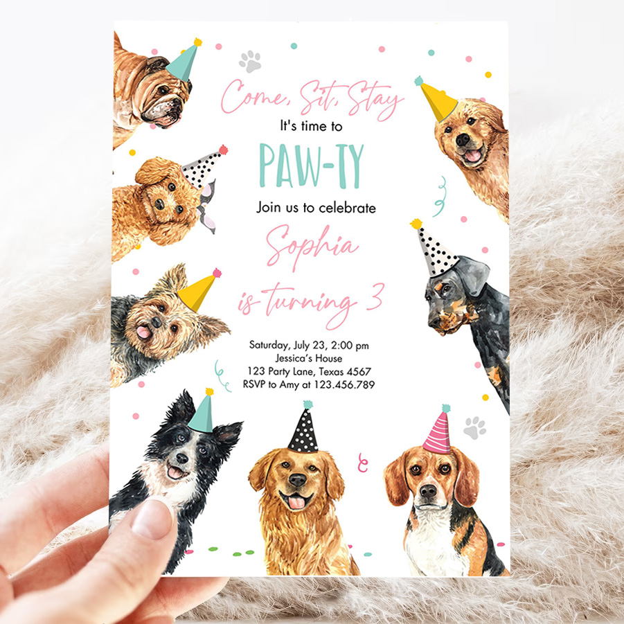 editable dog birthday party invitation puppy birthday invite pink girl doggy shelter animal pet party invitation 3