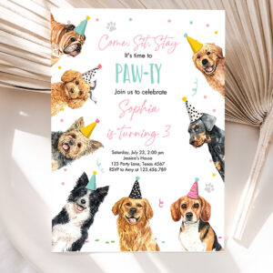editable dog birthday party invitation puppy birthday invite pink girl doggy shelter animal pet party invitation 5