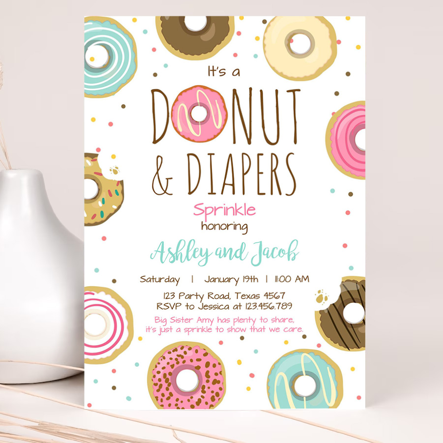editable donut and diapers sprinkle invitation sprinkled with love coed shower pink girl digital download printable 2