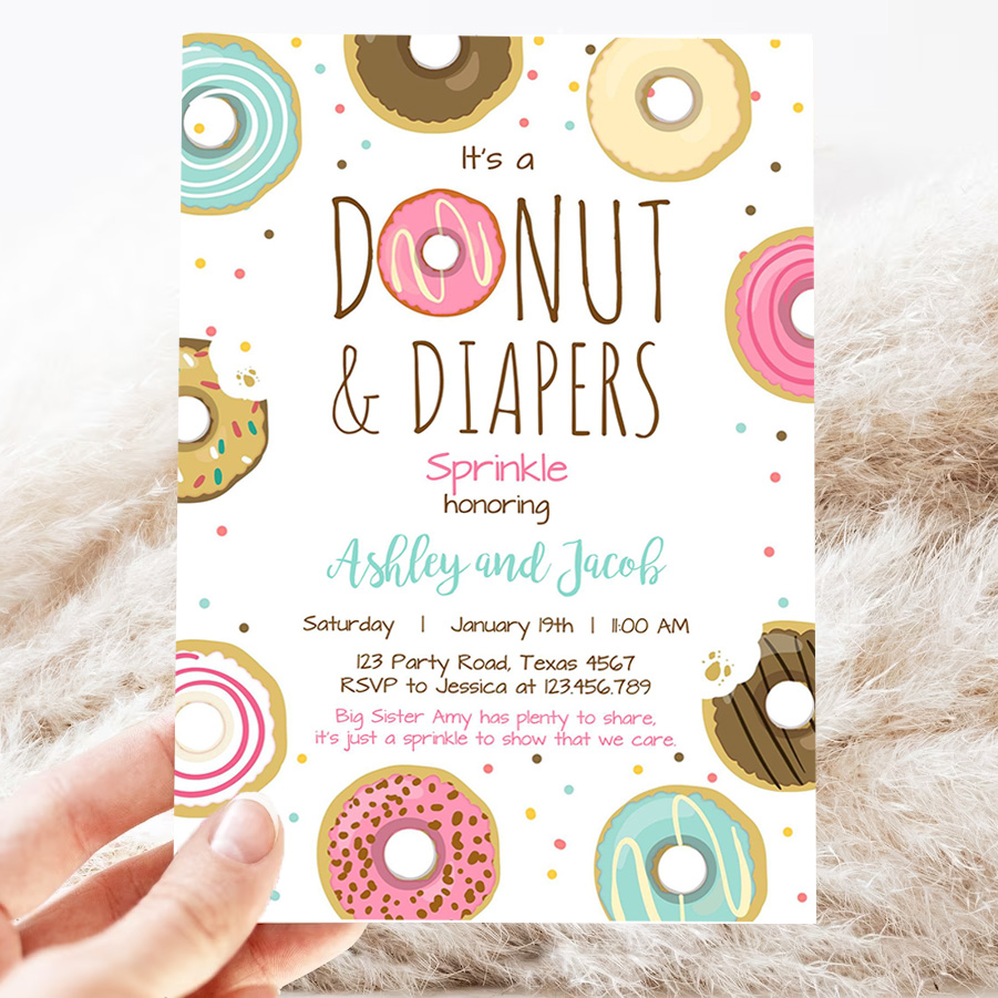 editable donut and diapers sprinkle invitation sprinkled with love coed shower pink girl digital download printable 3