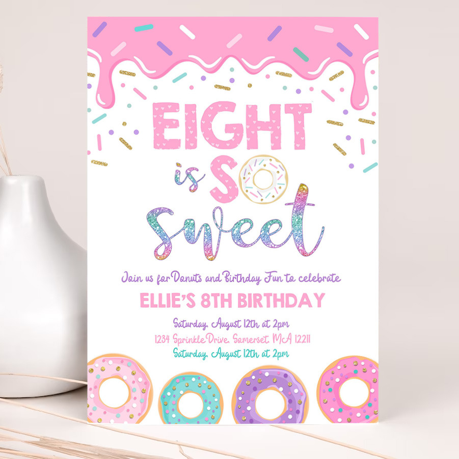 editable donut eight is sweet birthday invitation girl donut 8th birthday party pink donut birthday part 2