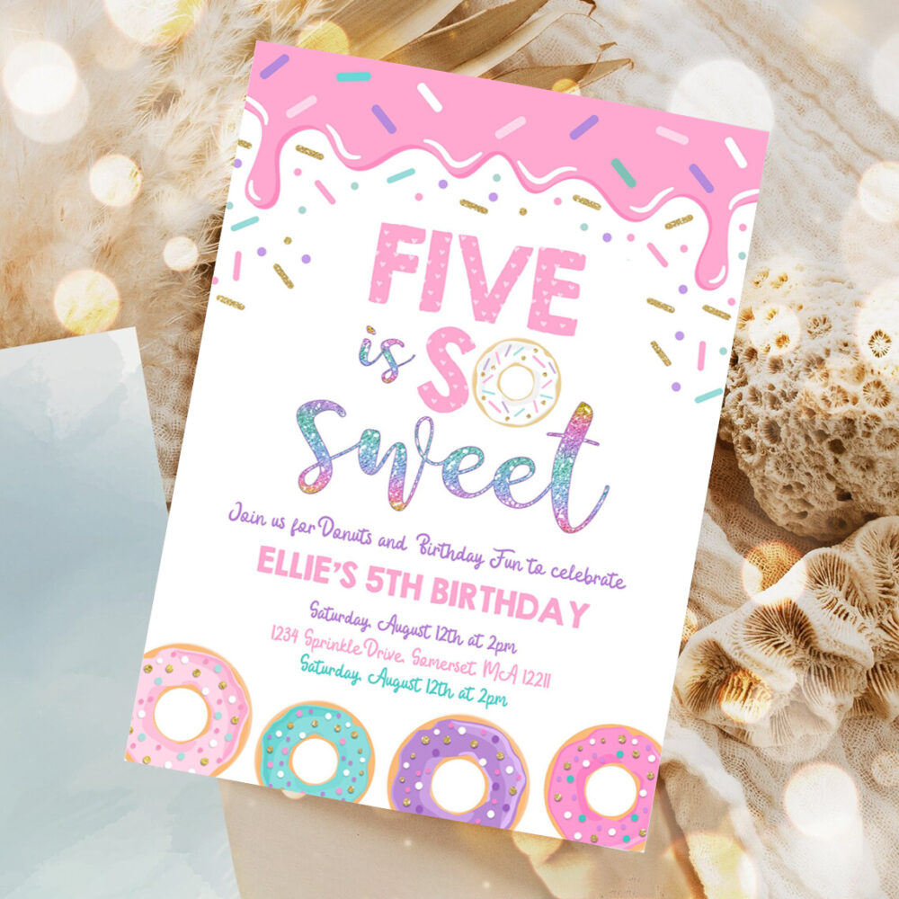 editable donut five is sweet birthday invitation girl donut 5th birthday party pink donut birthday party 1