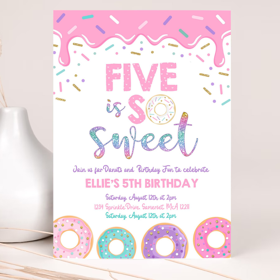editable donut five is sweet birthday invitation girl donut 5th birthday party pink donut birthday party 2