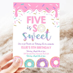 editable donut five is sweet birthday invitation girl donut 5th birthday party pink donut birthday party 3