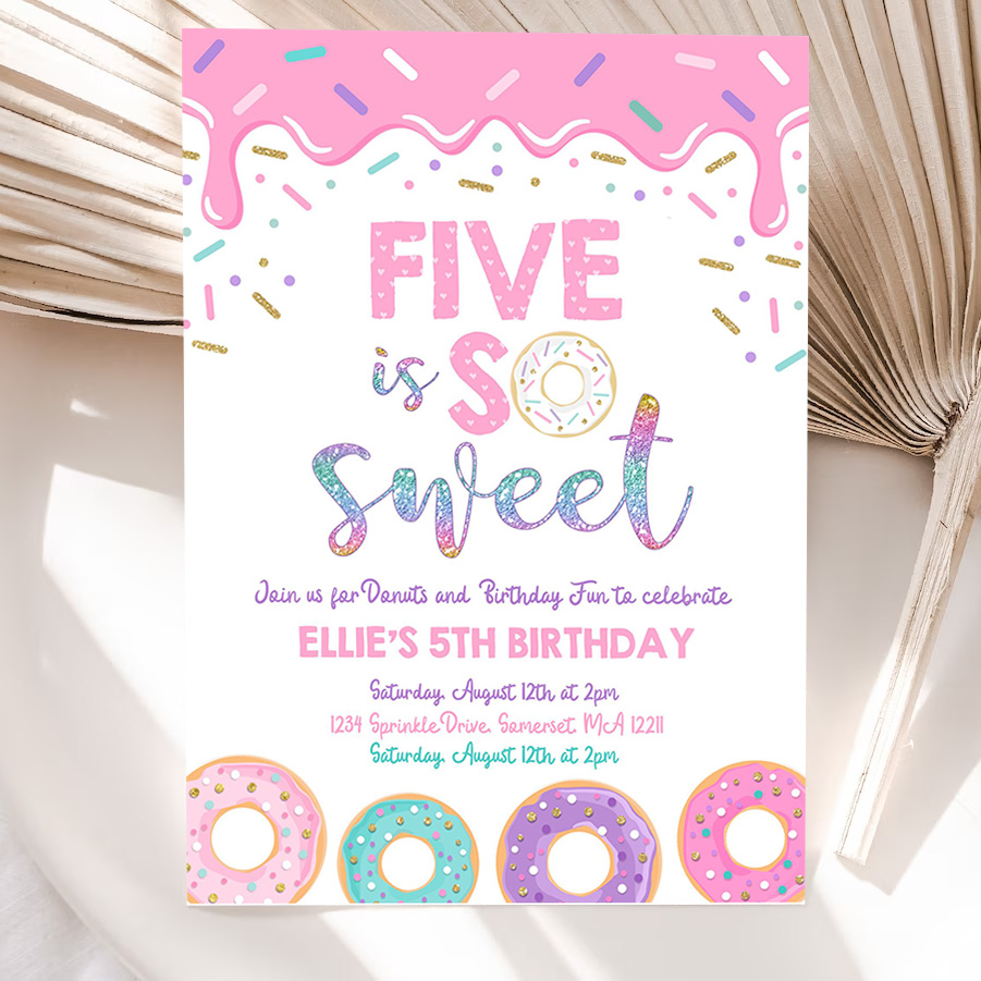 editable donut five is sweet birthday invitation girl donut 5th birthday party pink donut birthday party 5