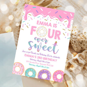 editable donut four ever sweet birthday invitation girl donut 4th birthday party pink donut birthday party 1