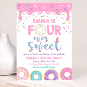 editable donut four ever sweet birthday invitation girl donut 4th birthday party pink donut birthday party 2