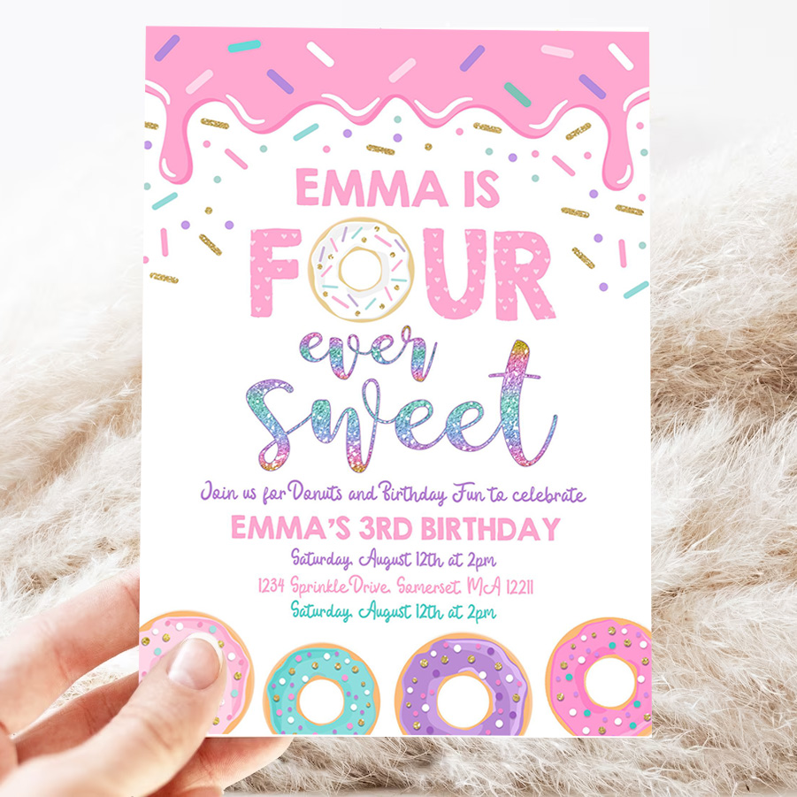 editable donut four ever sweet birthday invitation girl donut 4th birthday party pink donut birthday party 3