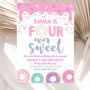 editable donut four ever sweet birthday invitation girl donut 4th birthday party pink donut birthday party 5