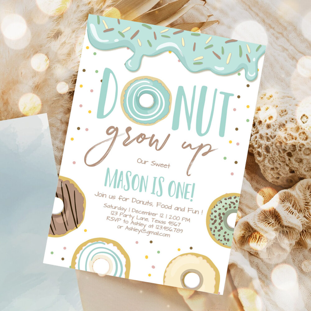 editable donut grow up birthday invitation first birthday party blue boy doughnut 1st pastel instant download printable template 1