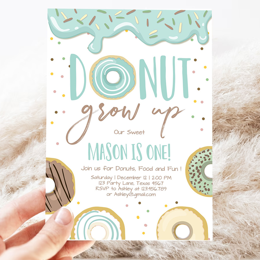 editable donut grow up birthday invitation first birthday party blue boy doughnut 1st pastel instant download printable template 3