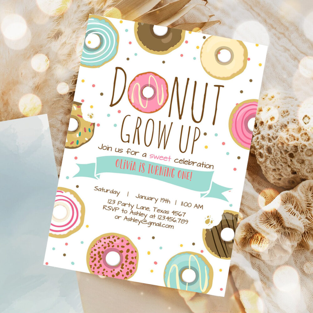editable donut grow up birthday invitation first birthday party pink girl doughnut sweet digital download printable template 1