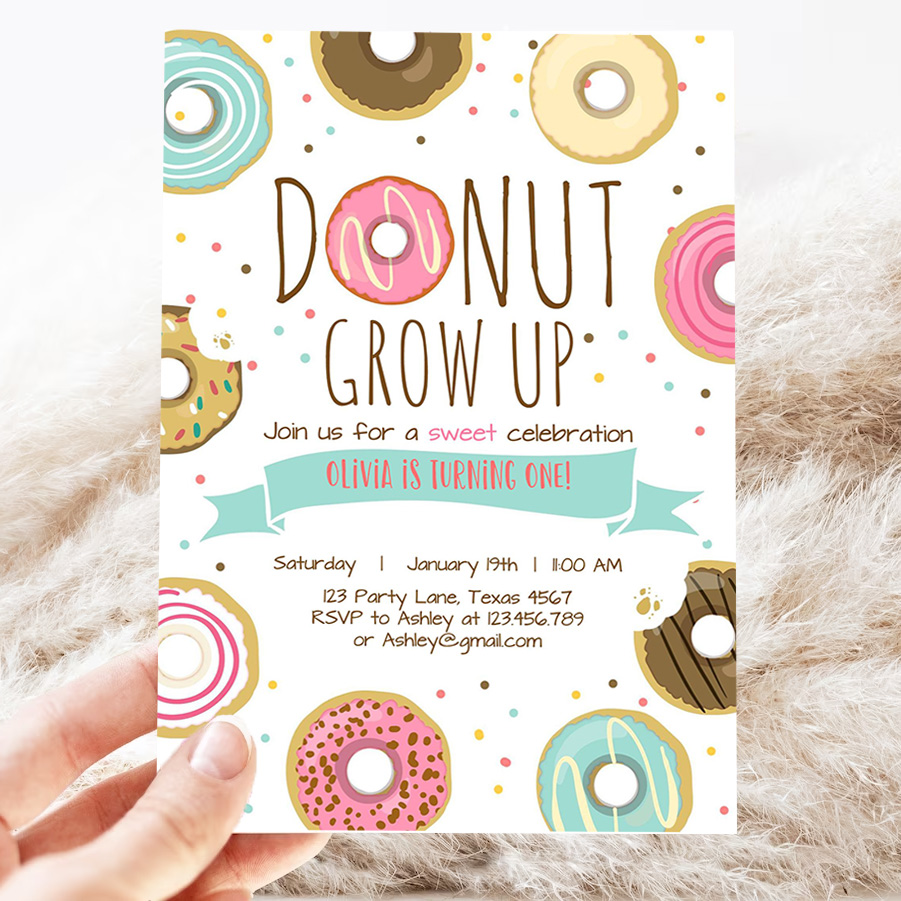 editable donut grow up birthday invitation first birthday party pink girl doughnut sweet digital download printable template 3