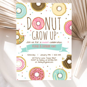 editable donut grow up birthday invitation first birthday party pink girl doughnut sweet digital download printable template 5