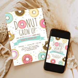 editable donut grow up birthday invitation first birthday party pink girl doughnut sweet digital download printable template 6