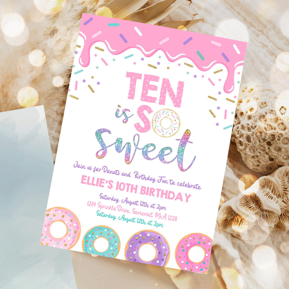 editable donut ten is sweet birthday invitation girl donut 10th birthday party pink donut birthday party 1