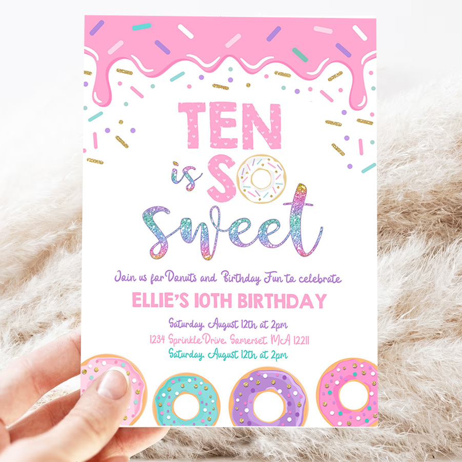 editable donut ten is sweet birthday invitation girl donut 10th birthday party pink donut birthday party 3