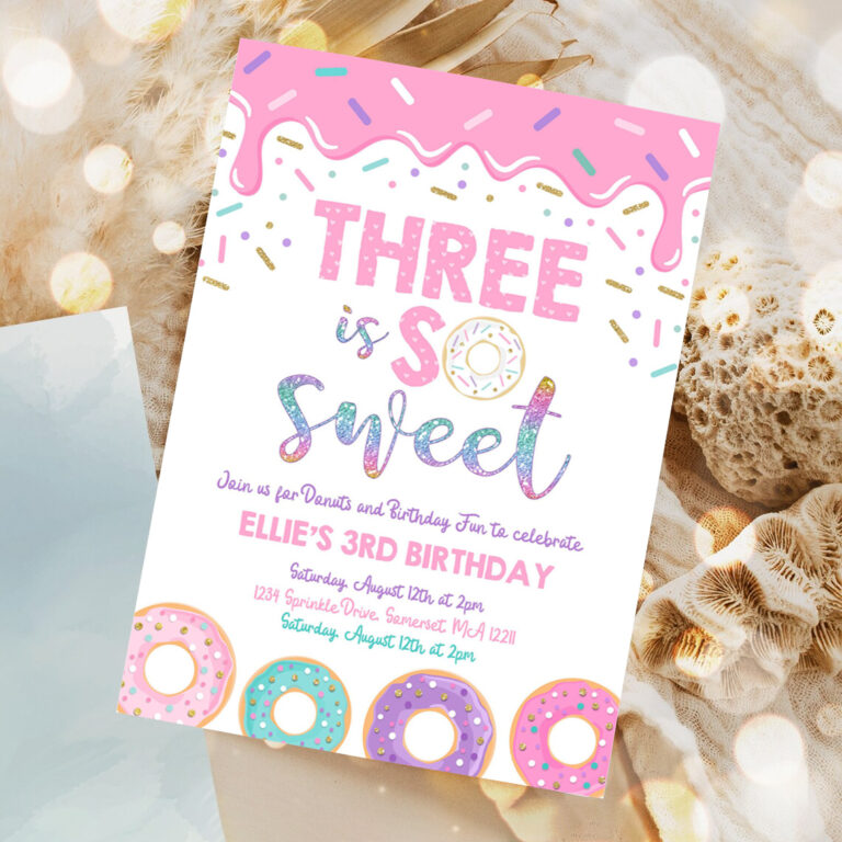 editable donut three is sweet birthday invitation girl donut 3rd birthday pink donut birthday party 1
