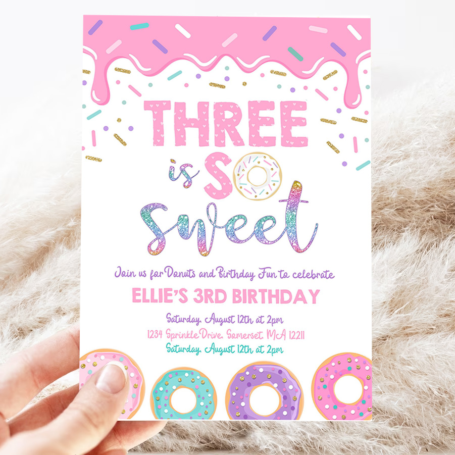 editable donut three is sweet birthday invitation girl donut 3rd birthday pink donut birthday party 3
