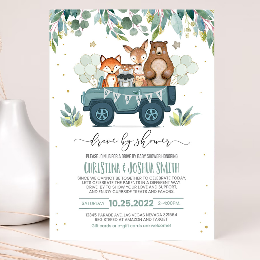 editable drive by baby shower invitation woodland animal drive through shower invite social distancing drive thru gender party invite 2